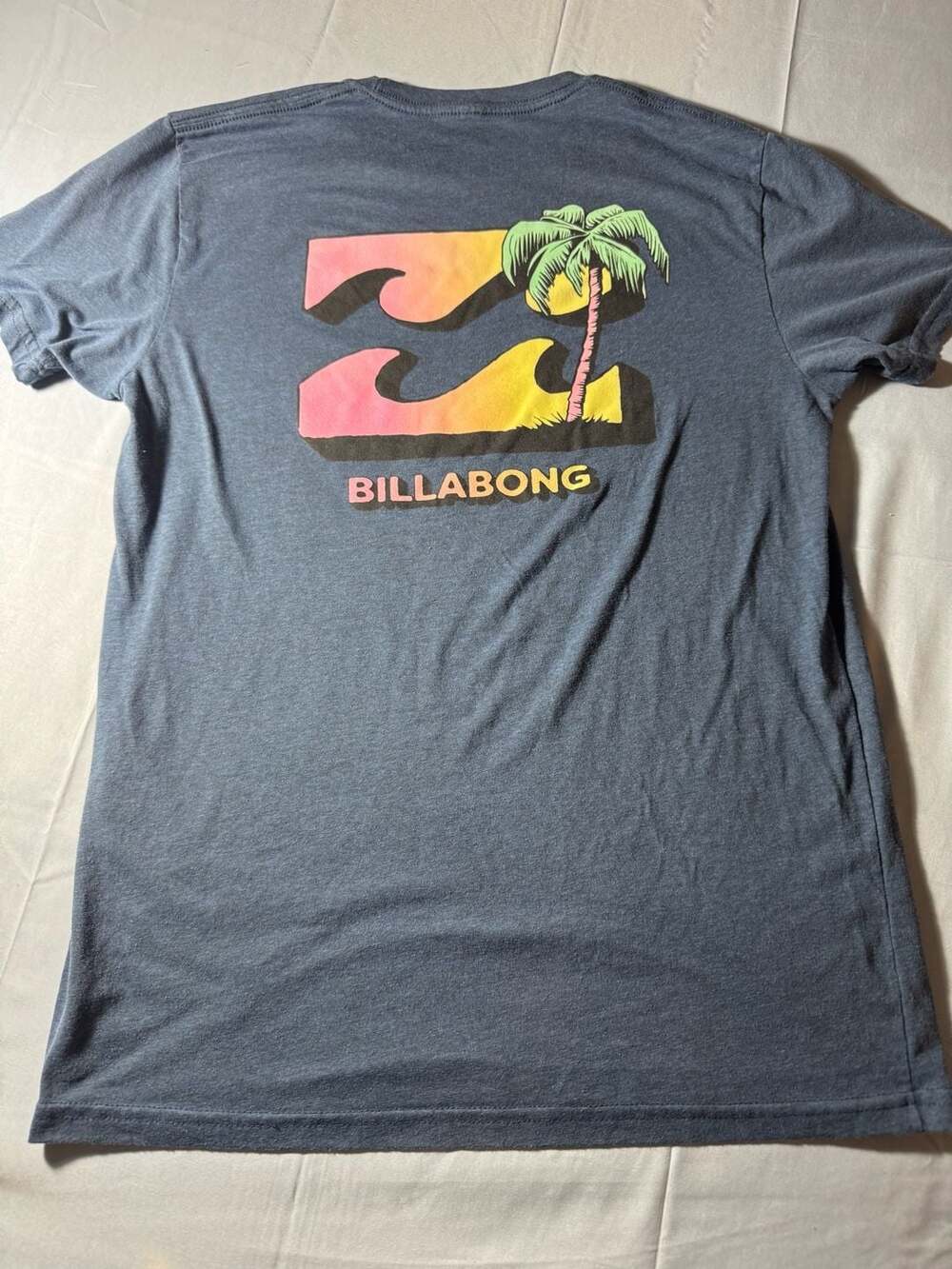 Billabong Blue Basic T-Shirt with Palm Tree and Wave Logo, Size M